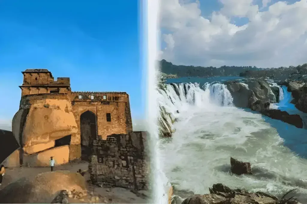 Madan mahal fort shocases the ancient architecture and dhedaghat with stunning waterfall under bright blue sky.