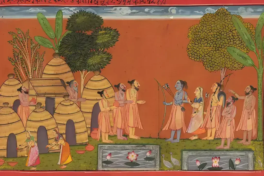 Chitrakoot Dham: A Journey Through Lord Rama's Sacred Abode A traditional painting depicting Lord Rama, Sita, and Lakshmana meeting sages, including Atri, in a forest setting with hermit huts and lush greenery.